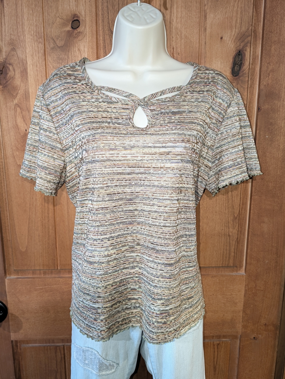 Alfred Dunner Shimmery Multicolor Fall Autumn Short Sleeve Keyhole Top